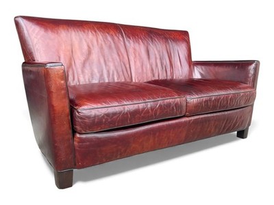 Crate & Barrel Vintage Burgundy Leather 2 Seat Sofa Rich Patina