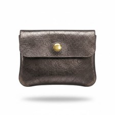 Italian Genuine Leather Metallic Gunmetal Coin Purse Snap Closure Small Wallet