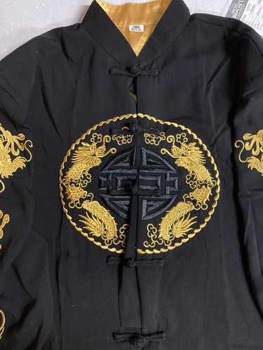 VTG silk Shirt Jacket Mens 4XL Black Gold Dragon Embroidered Satin Chinese