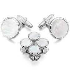Mens Silver and White Mother of Pearl Tuxedo Cufflinks Studs Formal Set with ...