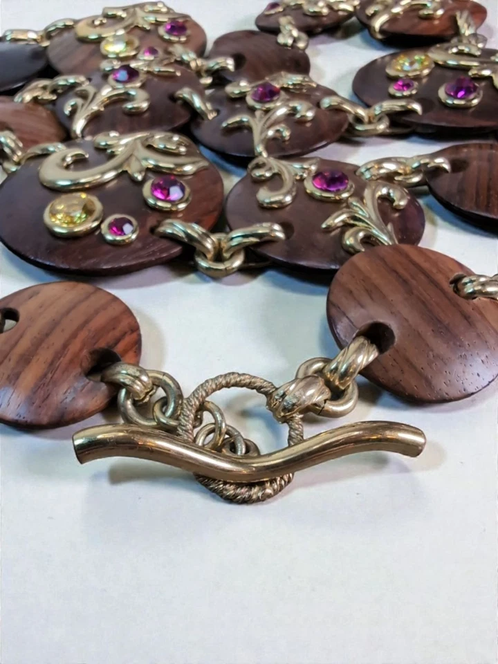 Cinturón de madera de diseñador raro vintage Dominique Aurientis Paris eslabones dorado audaz Foto 3 de 4