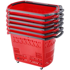 6PCS 39L Rolling Shopping Baskets w/ Wheels Handles Red Grocery Retail Cart