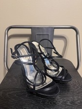 Badgley Mischka Black Satin Strappy Heels 6M Stiletto Leather Sole Evening