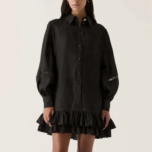 AJE Dress Size 14 XL / US 10 Lotus Shirt Logo Black Linen Smock Mini Blouson