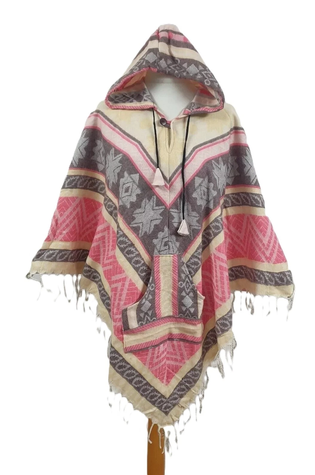 Geometric Print Hooded Acrylic Wool Hippy Festival Poncho Tassel Pocket S M L XL