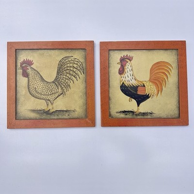 Primitive Farmhouse Giftcraft Set Of 2  Vintage Folk art Rooster Pictures