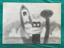 Tilsa Tsuchiya drawing and painting on old paper signed stamped vintage