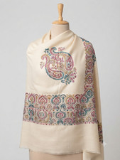 Kashmiri Embroidered Pashmina Shawl Warm Ivory color hand made size 78".x 30".