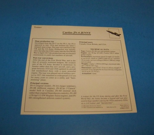 Curtiss JN-4 Jenny U.S.A. Military Aircraft Photo / Information Card - Picture 2 of 2