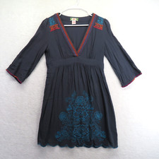 Flying Tomato Dress Womens Small Gray Blue Embroidered Boho Tunic Peasant Rayon