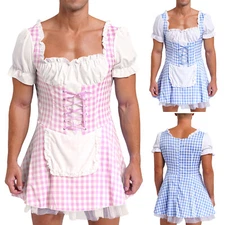 US Mens French Maid Outfit Cosplay Costume Apron Pleated Crossdressing Dress