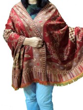 Burgundy Taupe Floral Cozy Jamawar Dress Shawl Kashmir Wool Scarf Large 80"