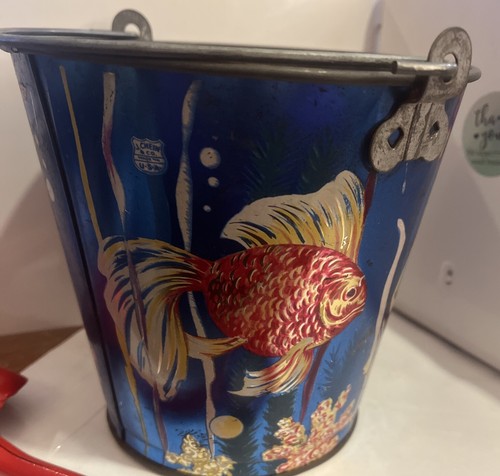 VINTAGE J CHEIN TIN Metallic LITHO SAND PAIL With Fish Under Sea & Shovel, Rare - Picture 6 of 13