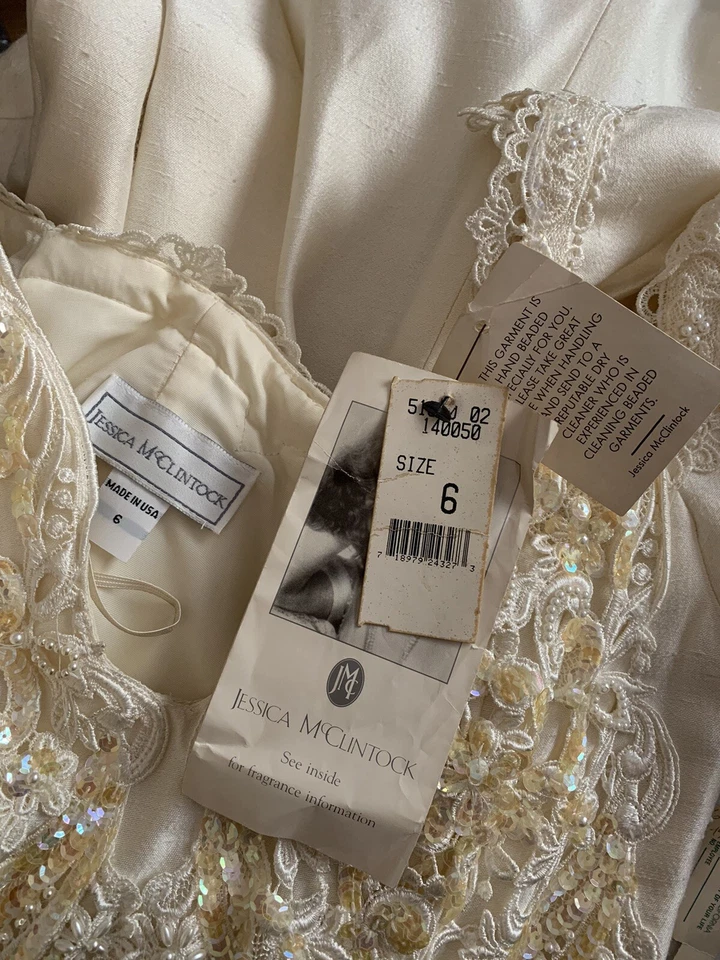 Jessica McClintock Vintage Dress Lace Pearl Rosette Bridal Wedding Party NWT 6 - Image 3 of 4