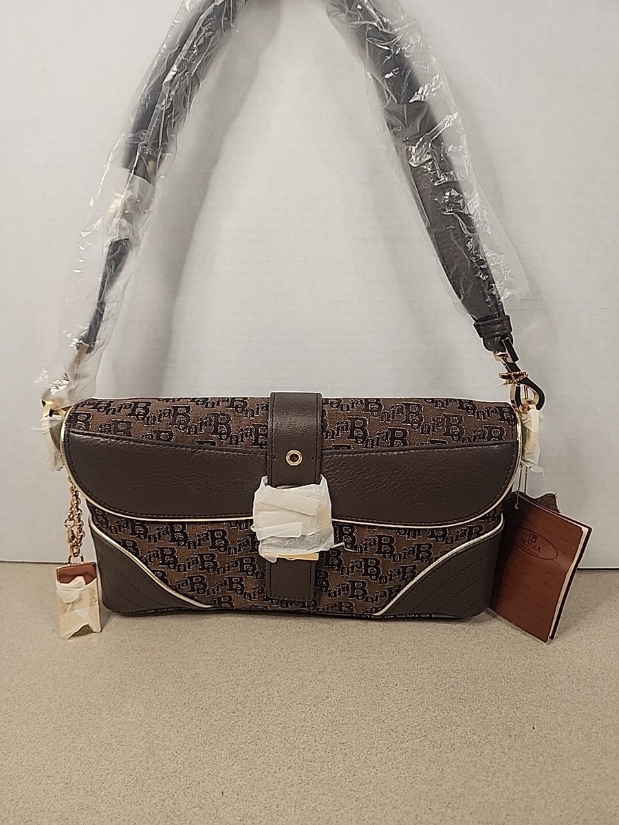 Bonia Monogram Print Shoulder Bag Canvas And Leather Brown New Old