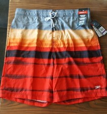Men s Speedo comfort stretch swim trunks XXL Black Red Gray Stripes, UPF 50