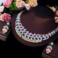 Luxury Fashion Multicolor Cubic Zircon Leaf Wedding Necklace Earring Jewelry Set