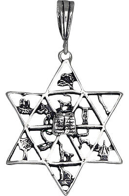 Sterling Silver 12 Tribes of Israel Charm Star of David Pendant Necklace Oxidize
