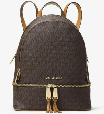  MICHAEL KORS RHEA ZIP MEDIUM BACKPACK BROWN LOGO SIGNATURE TRAVEL SCHOOL NWT!