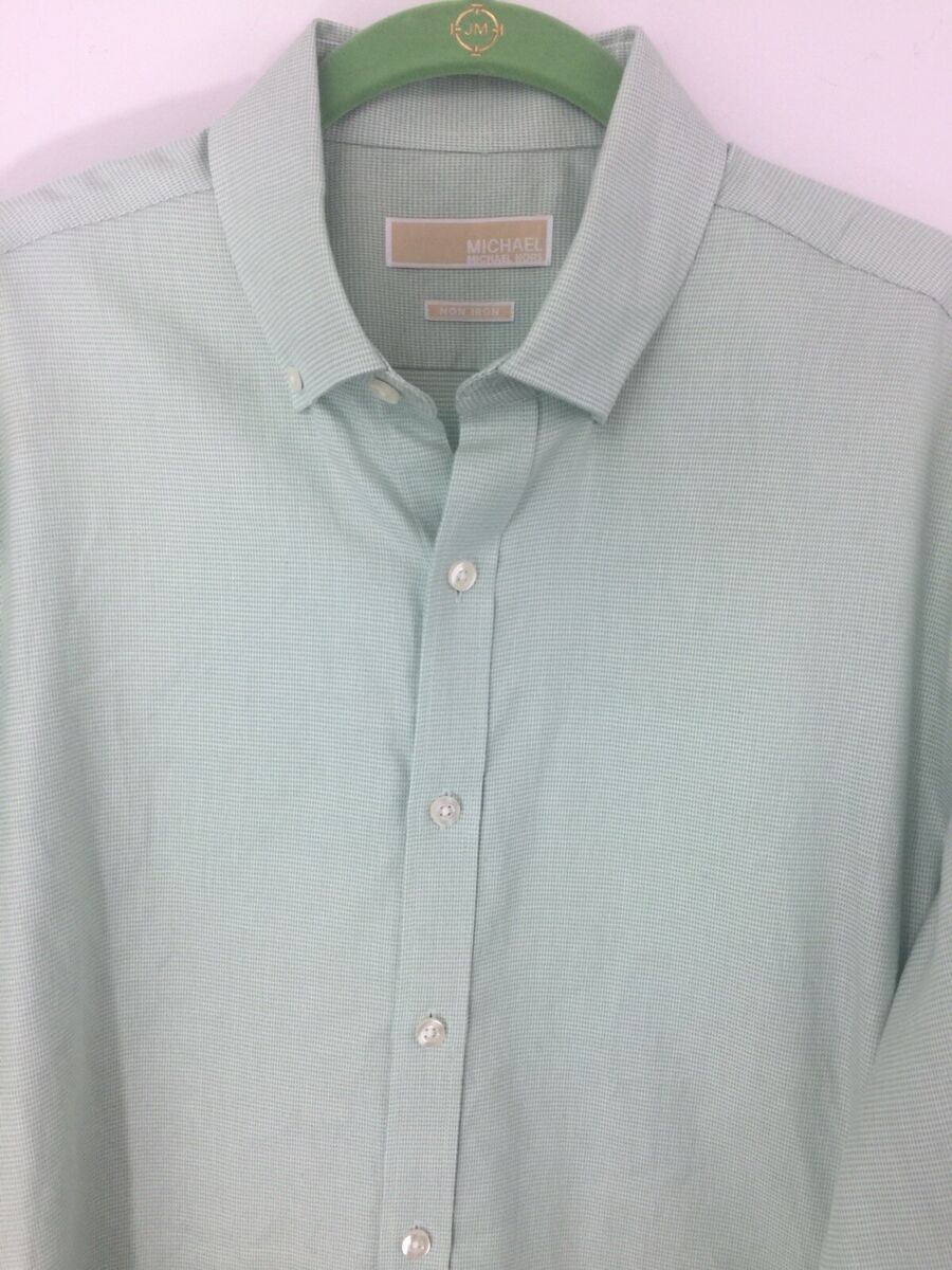 Michael Mens 16&amp;1/2 34-35 Green &amp; White Tiny Check Button Down Shirt New | eBay