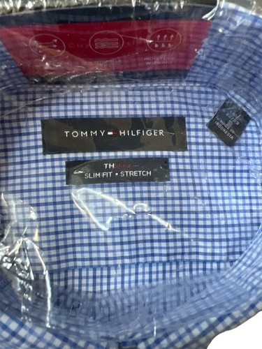 Tommy Hilfiger Slim Fit Blue Check Stretch Dress Shirt 14.5 32/33 Button Collar - Picture 2 of 2