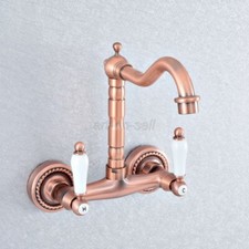 Antique Red Copper Wall Mount Kitchen Faucet Swivel DualHandle Sink Mixer Tap