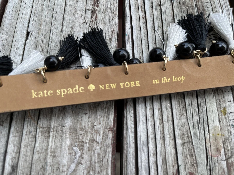 "Cinturón de cuero Kate Spade negro blanco borla cuentas nuevo con etiquetas en el bucle 33-35"" grande" Foto 2 de 3