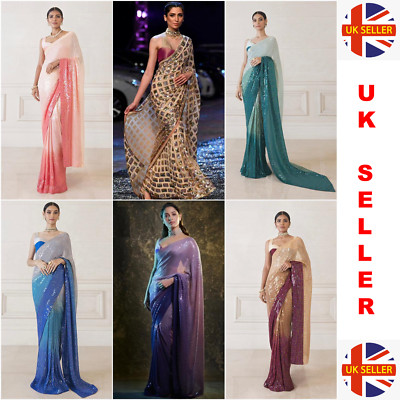 *UK VERKÄUFER* Pailletten Designer Sari Sequenz indisch pakistanisch Bollywood  