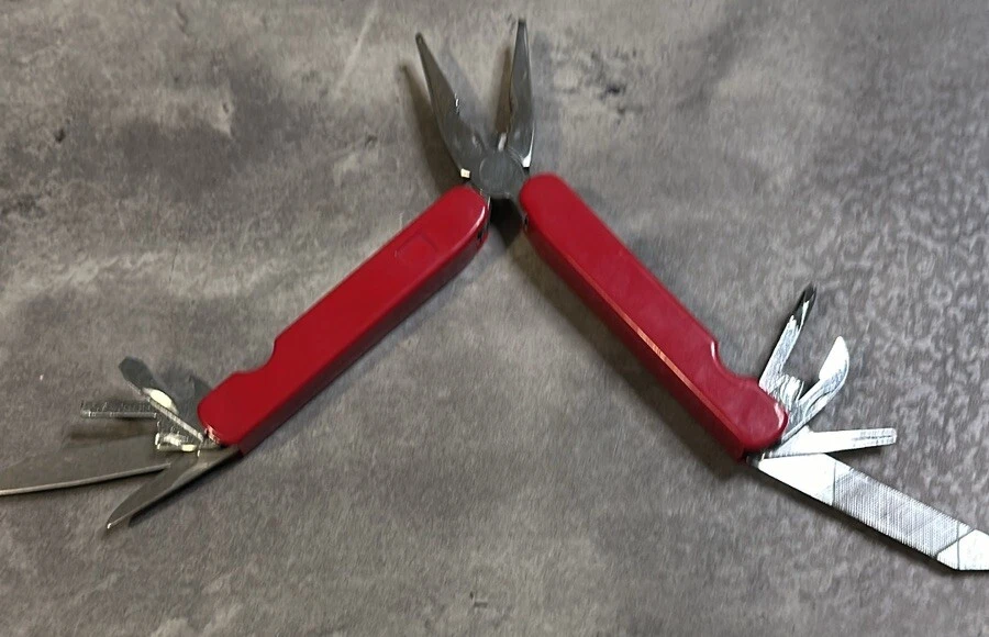 Multi Tool 9-1 Red Vintage With Case Pliers Folding Bottle Opener File Knife