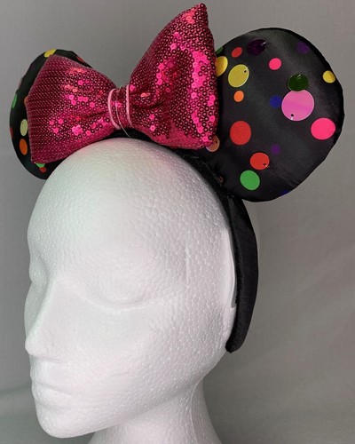 Disney Ear Headband Black Multi Color Dots Bright Pink Bow - Picture 7 of 7