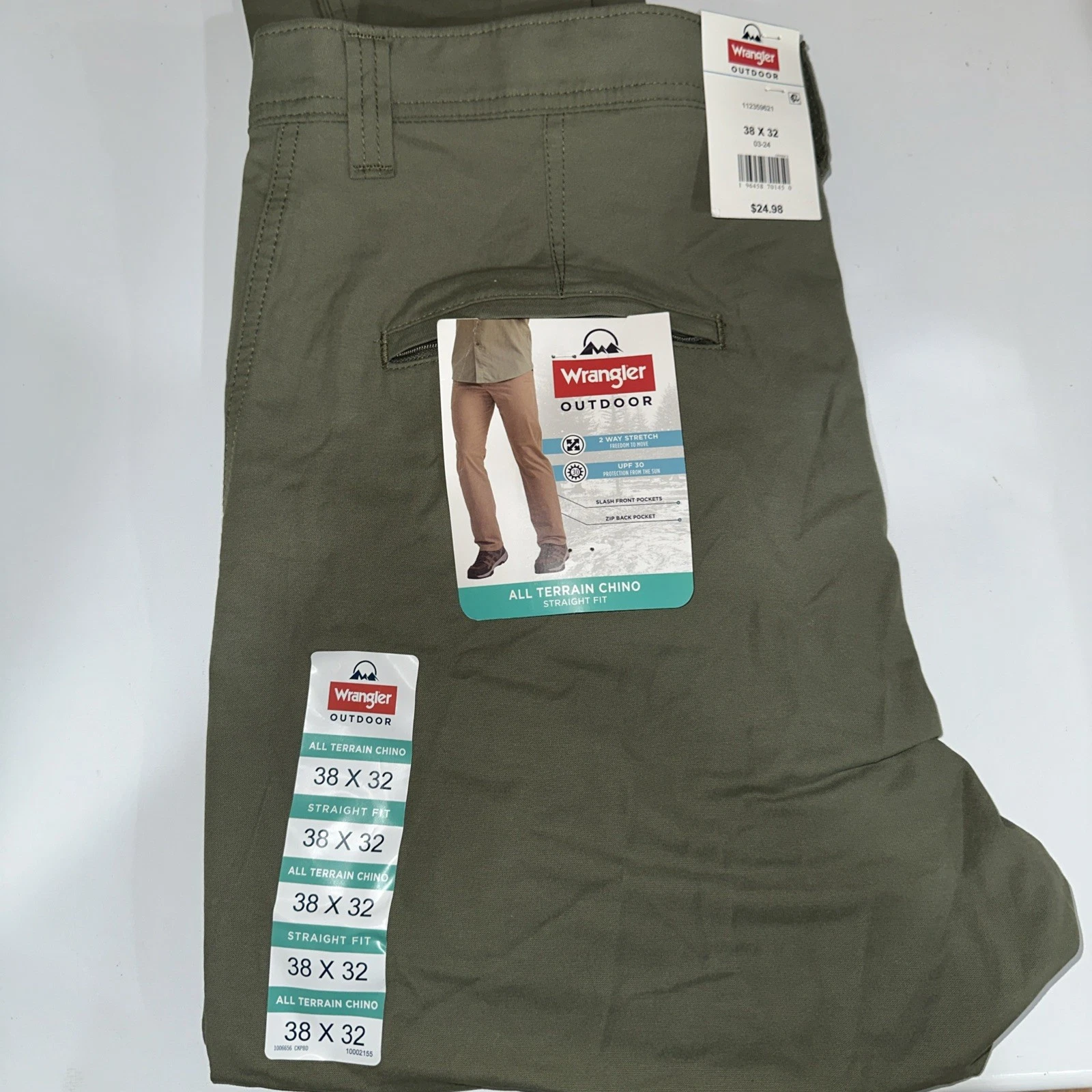 Wrangler mens size 38/32 outdoor pants all terrain chino straight fit green