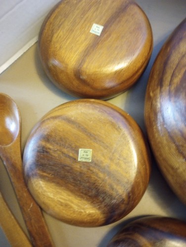 Vintage Monkey Pod Philippines Wood Salad Bowl Set ~ 9 Piece - Picture 4 of 8
