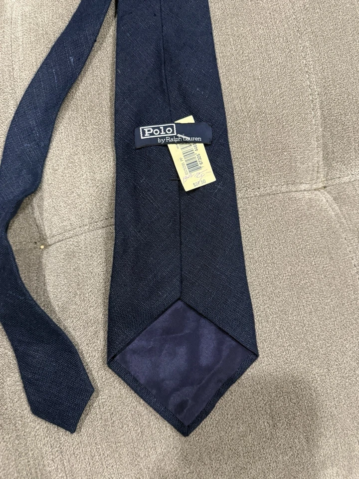 Corbata de Colección Polo Ralph Lauren Azul Oscuro Sólido 100% Lino Hecha en EE. UU. a Mano Foto 3 de 4
