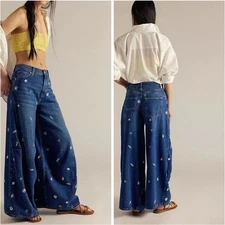 Free People Westward Denim Barrel Baggy Embroidered Jeans Shells Sea Seashell 32