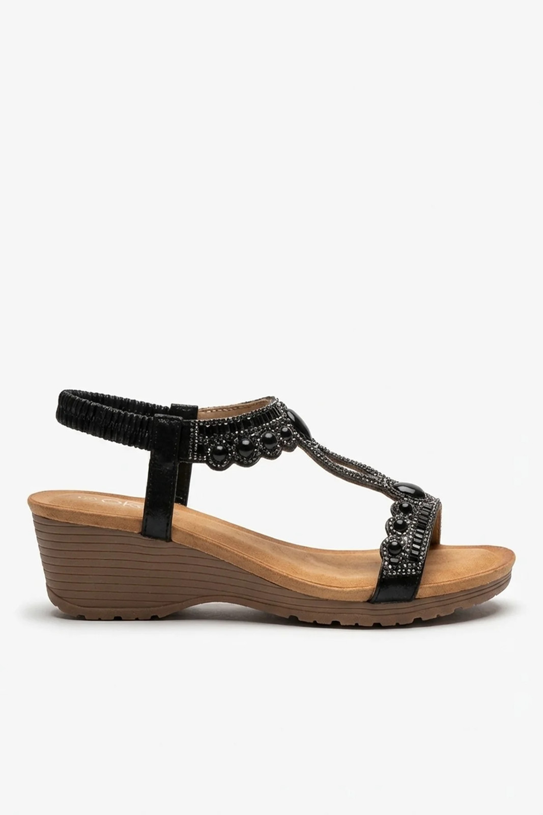 Sandalias de cuña T-Bar adornadas negras para mujer