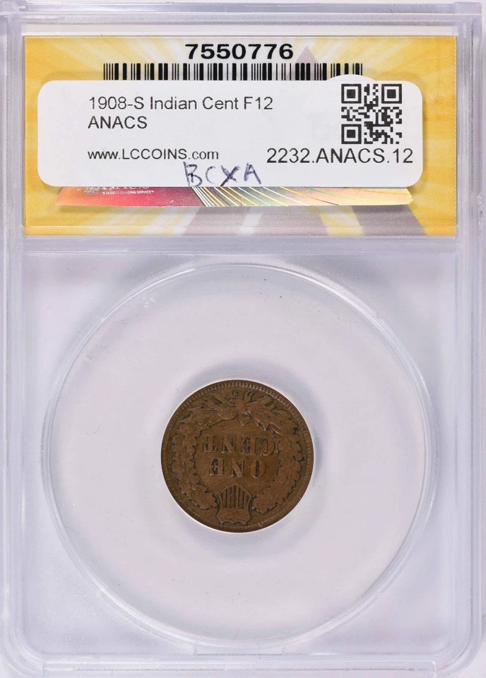 1908-S Indian Cent F12 ANACS - Image 2 of 2