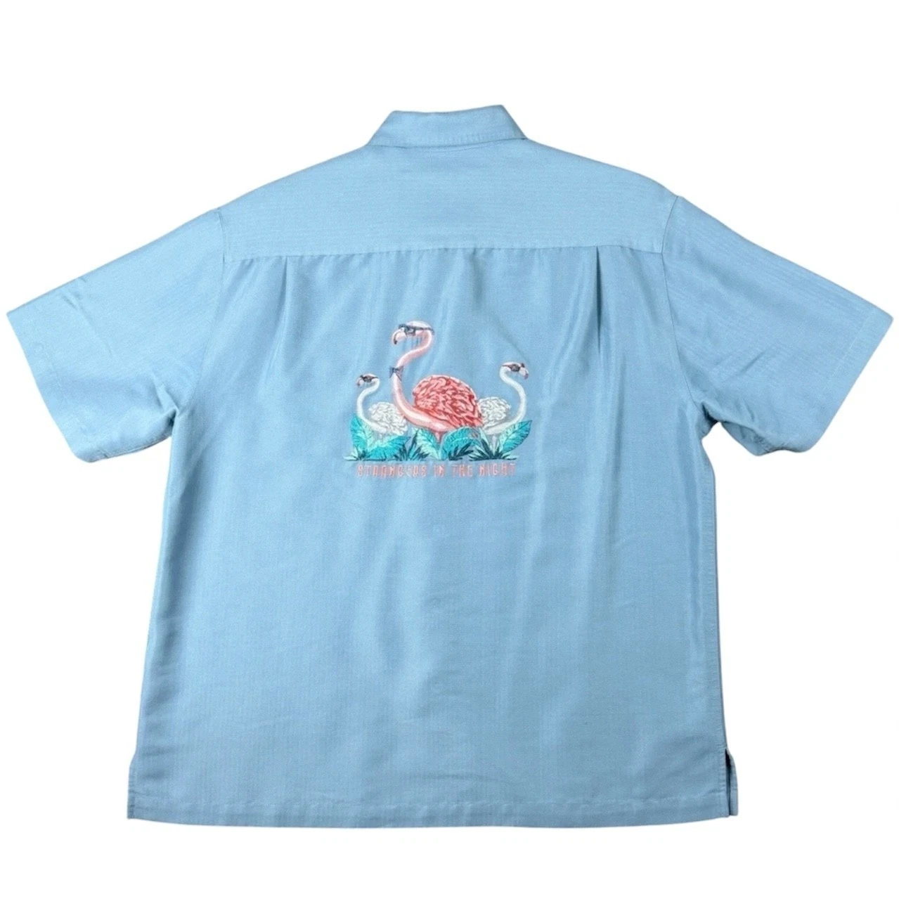 Caribbean Men's L Blue Flamingo Strangers in the Night Embroidered Shirt Summer