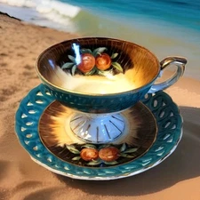 Gorgeous Footed Tea Cup & Saucer Peaches On A Green Leaf Japan  FRUIT By The Sea