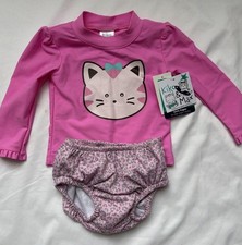 NEW Kiko & Max Set 2pc Sz M Rashguard SPF50 L/sleeve Top W/Diaper Swim Girls Cat