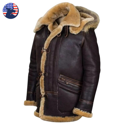 Men's B-7 Bomber Aviator Flight Brown Real Sheepskin Hooded Fur Shearling Jacket