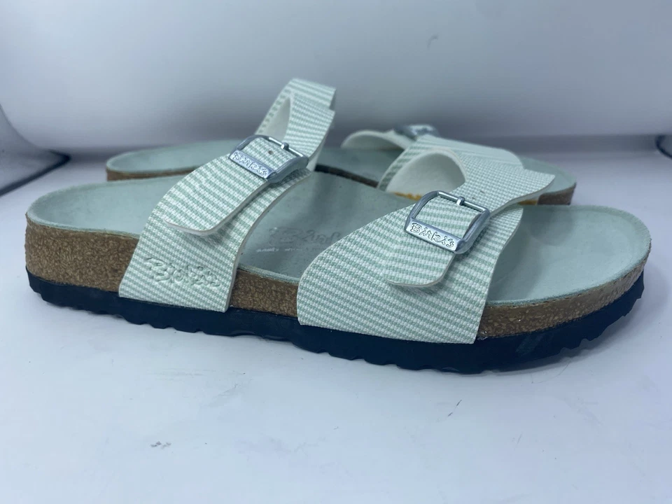 Birki's Birkenstock Aziza 白色薄荷绿色条纹凉鞋女式 7 N (38) — 第 4/4 张图片