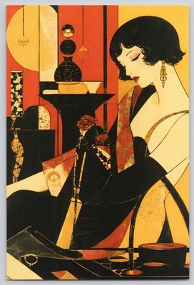 Art Deco Woman Red Rose USEA Postcard Elegant 1920s Flapper Style