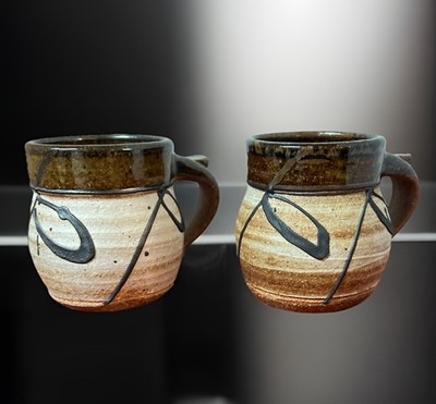 2 Handmade Studio Art Pottery Earth Tones Coffee Mug Multicolor Drip Glaze
