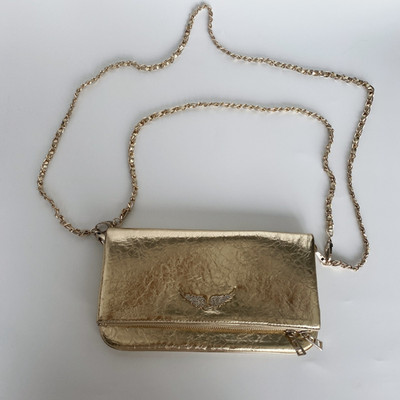 Zadig & Voltaire Metallic Gold Cracked Leather Crystal Wing Chain Crossbody Bag