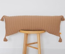 Long Knit Lumbar Pillow Cover   14x36 Soft Ribbed Cotton with Tassels, Warm