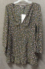 Zara Black Floral Print Mini Dress Deep V Neck Ruffle Hem Size Medium