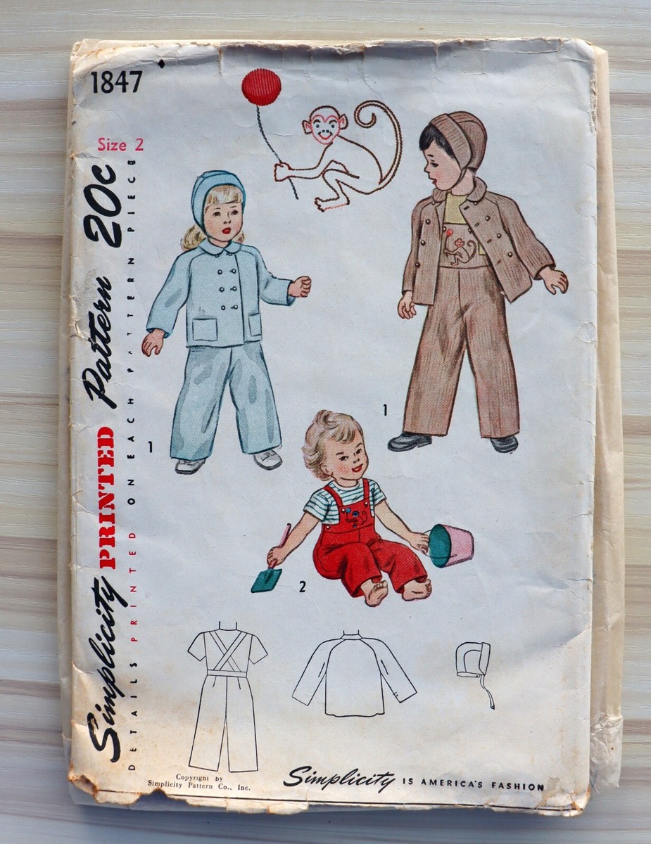 Vintage 1940s Simplicity Pattern 1847 Toddler Child Overalls Coat Sz  Monkey
