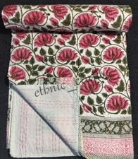 Indian Hand Block Print Queen Kantha Throw Blanket Bedspread Gudari Quilt