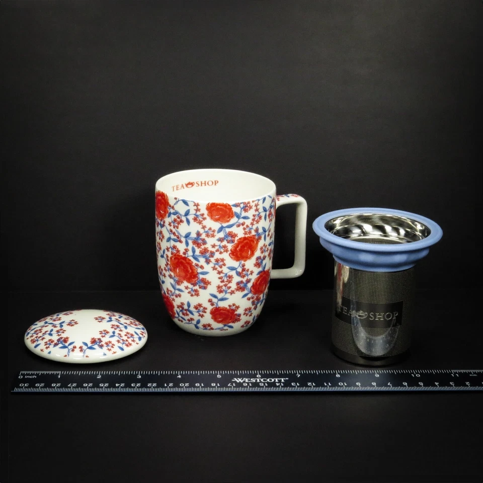 Taza de té/café Tea Shop, infusor de té/café y tapa de taza - rojo floral, azul 14 oz. Foto 2 de 4