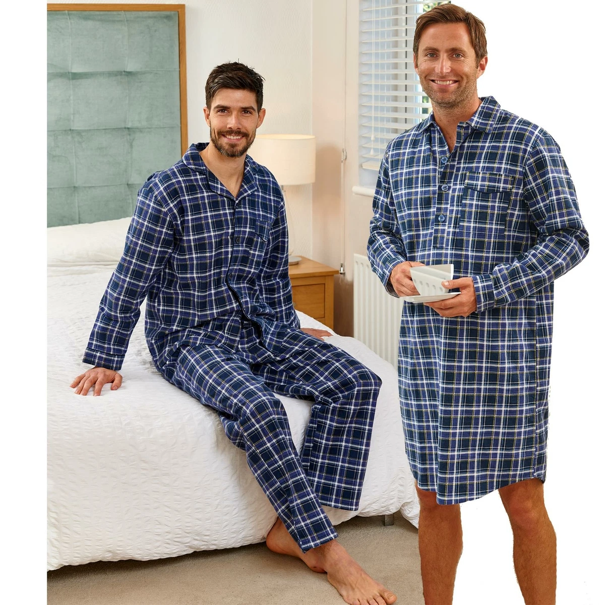 Mens Champion Brushed Cotton Thermal Blue Check Warm Pyjamas / Nightshirt  M-5XL